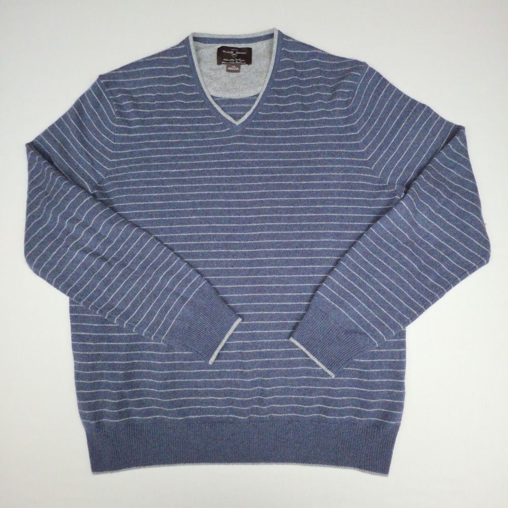 Black Brown 1826 2-Ply Cashmere V-Neck Sweater Mens L(M) Blue Striped Soft